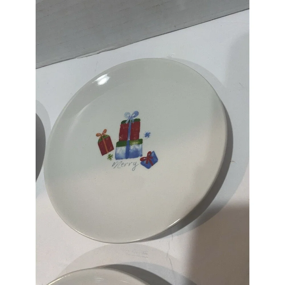 Pier 1 Imports Holiday Appetizer Plates Set Four EUC Christmas Santa Snowman